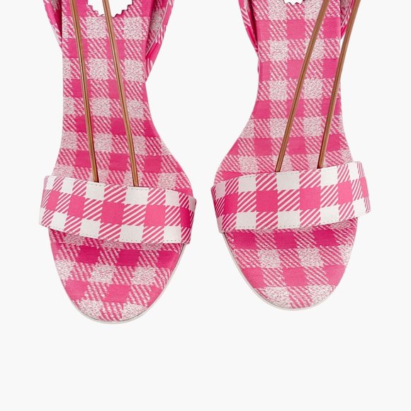 Louboutin Sandale Du Desert 100 EU 39 US 9 Pink Gingham Ankle Wrap High Heel - Picture 3 of 11